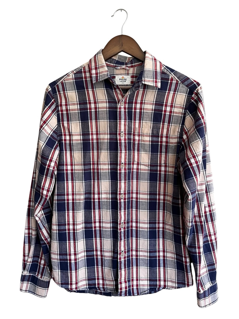 Marine Layer Men's Blue Beige White Plaid Long Sleeve Button Up Down Shirt S